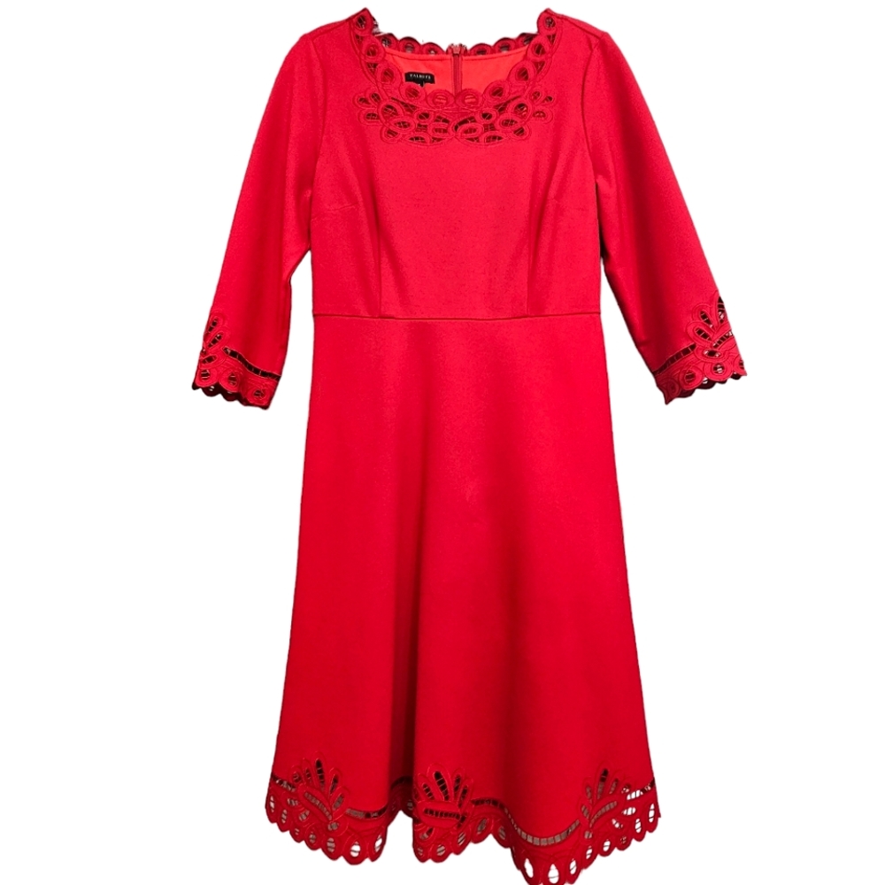 Talbots Nwot Red Ponte Knit Three quarter Sleeve Scalloped Cutout Lace Dress